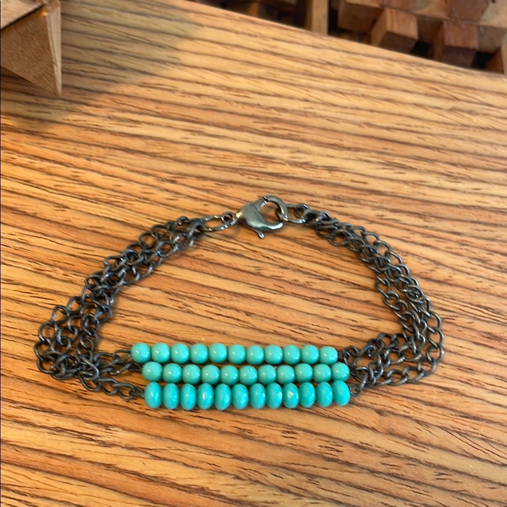 Glass Aqua Bead Triple Chain Bracelet
